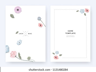 Minimalist floral wedding invitation card template design, gerbera, Nemophila, poppy, tulip and leaves with shadow on white background, pastel vintage theme