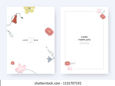 Minimalist floral wedding invitation card template design, Euphorbia milii, Dendrobium, orchid, Platycodon and leaves with shadow on white background, pastel vintage theme