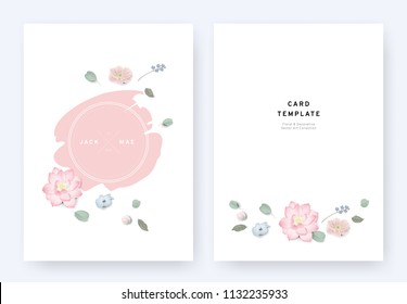 Minimalist floral wedding invitation card template design, anemone, lotus, Nemophila and leaves with pink badge on white background, pastel vintage theme