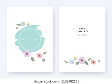 Minimalist floral wedding invitation card template design, Nemophila, gerbera, poppy and leaves with blue badge on white background, pastel vintage theme