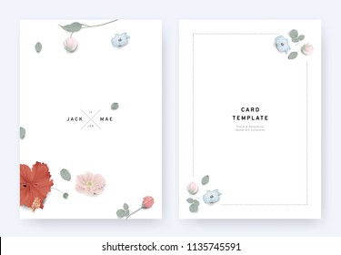 Minimalist floral wedding invitation card template design, hibiscus, Nemophila, orchid, rose, anemone and leaves with shadow on white background, pastel vintage theme