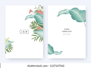 Minimalist floral wedding invitation card template design, tropical plants and red Tropaeolum flowers on white background, pastel vintage style