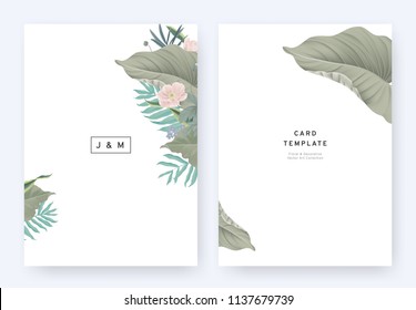 Minimalist floral wedding invitation card template design, tropical plants and pink anemone flowers on white background, pastel vintage style