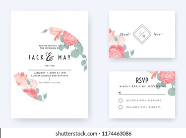 Minimalist floral wedding invitation card template design, pink rose flowers with leaves in circle on white, pastel vintage theme