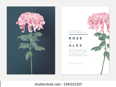 Minimalist floral wedding invitation card template design, pink Chrysanthemum morifolium flower with leaves, vintage theme