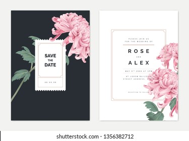 Minimalist floral wedding invitation card template design, pink Chrysanthemum morifolium flower with leaves, vintage theme