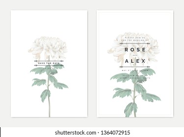 Minimalist floral wedding invitation card template design, white Chrysanthemum morifolium flower with leaves on white, pastel vintage theme