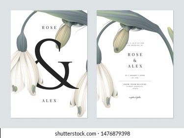 Minimalist floral wedding invitation card template design, snowdrop flowers with ampersand lettering on white