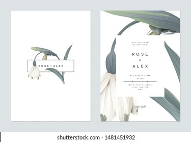 Minimalist floral wedding invitation card template design, snowdrop flowers tree on white