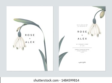 Minimalist floral wedding invitation card template design, snowdrop flowers with circle frame on white