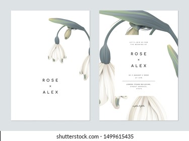 Minimalist floral wedding invitation card template design, snowdrop flowers on white