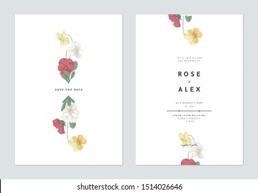 Minimalist floral wedding invitation card template design, colorful pansies with green leaves on white