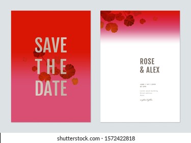 Minimalist floral wedding invitation card template design, Pelargonium zonale flowers and leaves in monotone color on red and pink gradient background