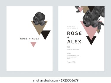 Minimalist floral wedding invitation card template design, black roses and triangles on white