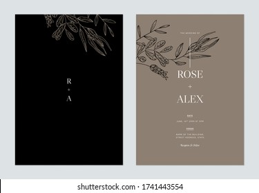 Minimalist floral wedding invitation card template design, floral line art ink drawing on black and brown