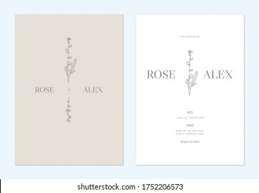 Minimalist floral wedding invitation card template design, floral line art ink drawing on bright brown and white