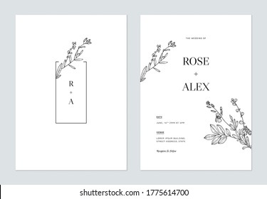 Minimalist Floral Wedding Invitation Card Template Design, Floral Line Art Ink Drawing On White
