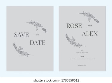 Minimalist floral wedding invitation card template design, floral line art ink drawing on bright grey