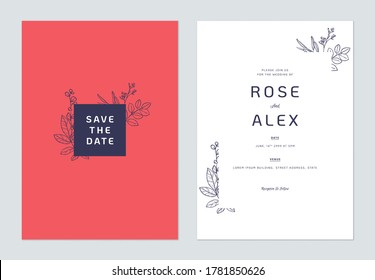 Minimalist floral wedding invitation card template design, floral line art ink drawing on red and white