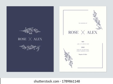 Minimalist floral wedding invitation card template design, floral line art ink drawing on blue and bright grey