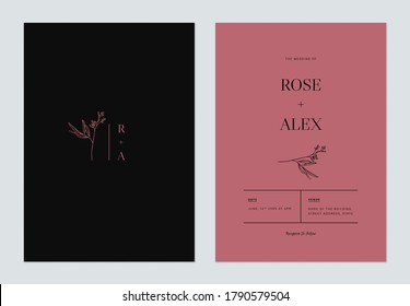 Minimalist floral wedding invitation card template design, floral line art ink drawing on dark grey and pink