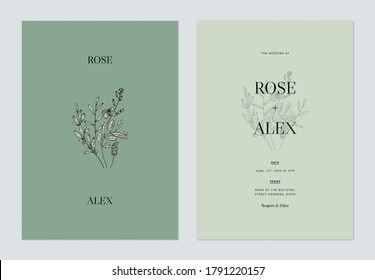 Minimalist floral wedding invitation card template design, floral line art ink drawing on green