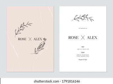 Minimalist floral wedding invitation card template design, floral line art ink drawing on bright orange and white