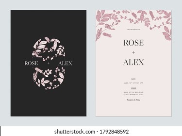 Minimalist floral wedding invitation card template design, floral line art ink drawing on dark grey and bright red