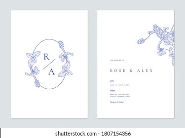 Minimalist Floral Wedding Invitation Card Template Design, Vintage Floral Line Art Ink Drawing In Blue On White