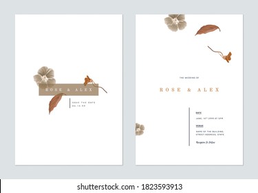 Minimalist floral wedding invitation card template design, brown and flowers and leaves on white