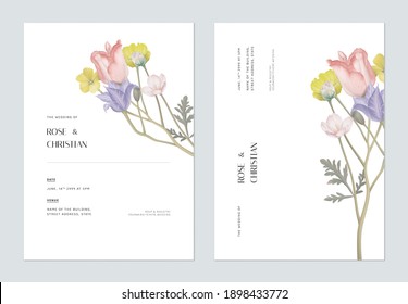 Minimalist Floral Wedding Invitation Card Template Design, Various Flowers Bouquet On White