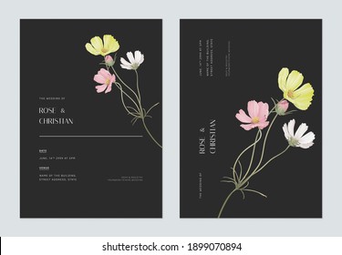 Minimalist Floral Wedding Invitation Card Template Design, Various Color Of Cosmos Flowers Bouquet On Dark Grey