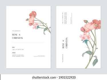 Minimalist floral wedding invitation card template design, various flowers bouquet on white
