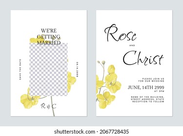 Minimalist floral wedding invitation card template golden shower flowers on white