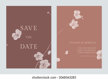 Minimalist Floral Wedding Invitation Card Template, Monochrome Golden Shower Flowers  And Leaves In Beige Tone