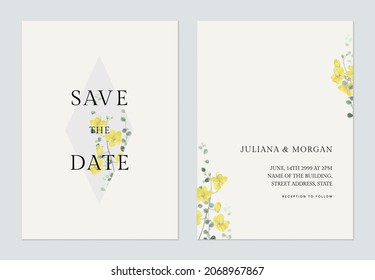 Minimalist floral wedding invitation card template, golden shower flowers  and leaves on grey