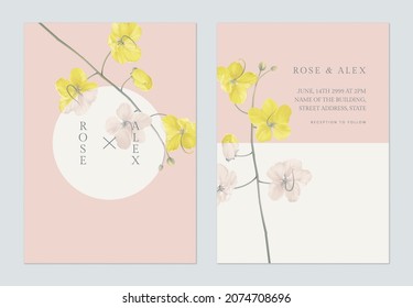 Plantilla de tarjeta de invitación a boda floral minimalista, flores de ducha dorada en blanco y rosa