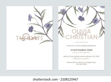 Minimalist floral wedding invitation card template, ruellia tuberosa flowers and leaves on white