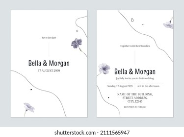 Minimalist floral wedding invitation card template, ruellia tuberosa flowers and line on white