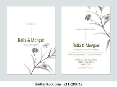 Minimalist floral wedding invitation card template, ruellia tuberose flowers and leaves on white