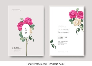 Minimalist floral wedding invitation card with beautiful  roses flower