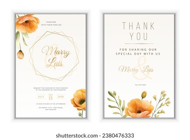 Minimalist floral wedding invitation template design, bouquet of yellow poppies on white. Vector