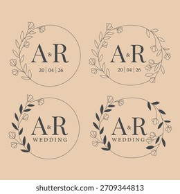 Monograma de boda floral minimalista con iniciales y delicadas coronas botánicas. Guardar Perfecto para invitaciones, marcas, tarjetas de fecha, pegatinas, etiquetas, empaques y elegantes diseños de eventos.
