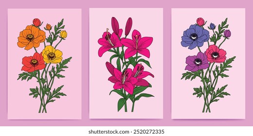 
Minimalist flower collection of Lily, Poppies And Anemone - Hand-Drawn Botanical Illustrations for Prints, Flyers, Banners, Invitations, Branding Design, Covers And Home Decoration