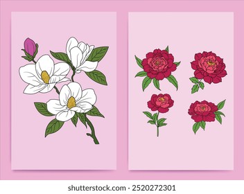 Minimalist flower collection of Magnolia And Peonies - Hand-Drawn Botanical Illustrations for Prints, Flyers, Banners, Invitations, Branding Design, Covers And Home Decoration