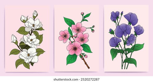 Minimalist flower collection of Sweet Pea, Cherry Blossom And Gardenia - Hand-Drawn Botanical Illustrations for Prints, Flyers, Banners, Invitations, Branding Design, Covers And Home Decoration