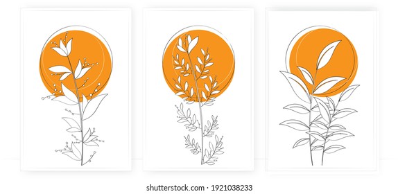 Minimalist flower design, vector. Art design, artwork. Flower silhouette and sun illustration. Minimalist three pieces poster design, minimalism. Wall art 