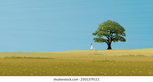 Minimalist flower field landscape and big tree with a woman handling her dog on the leash graphic illustrated have blank space.