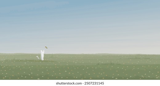 Minimalist flower field landscape with a cat playing with butterfly graphic illustrated have blank space.