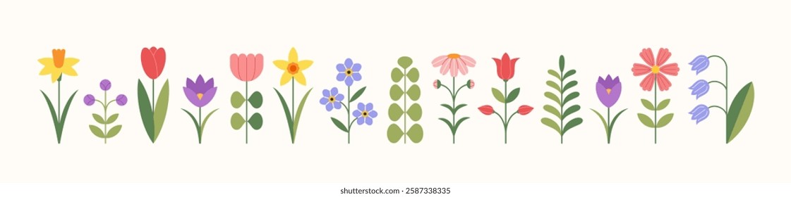 Minimalist flower icons set. Abstract floral design elements. Spring and summer blossom, blooming plant, wildflowers. Modern botanical flat vector illustration.